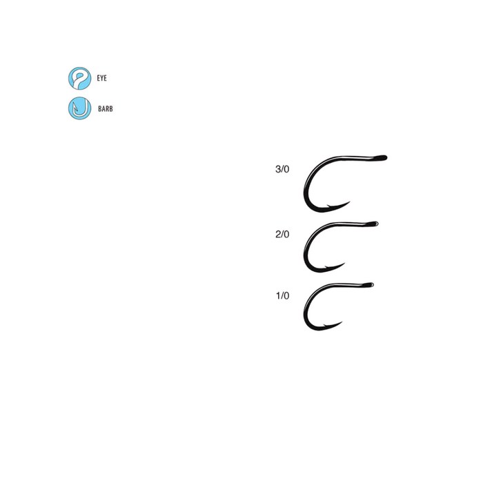 Three black curved fishing hooks in sizes 3/0, 2/0, and 1/0 on a white background, labeled with eye and barb features, representing Gamakatsu SC17 Tarpon Hook.