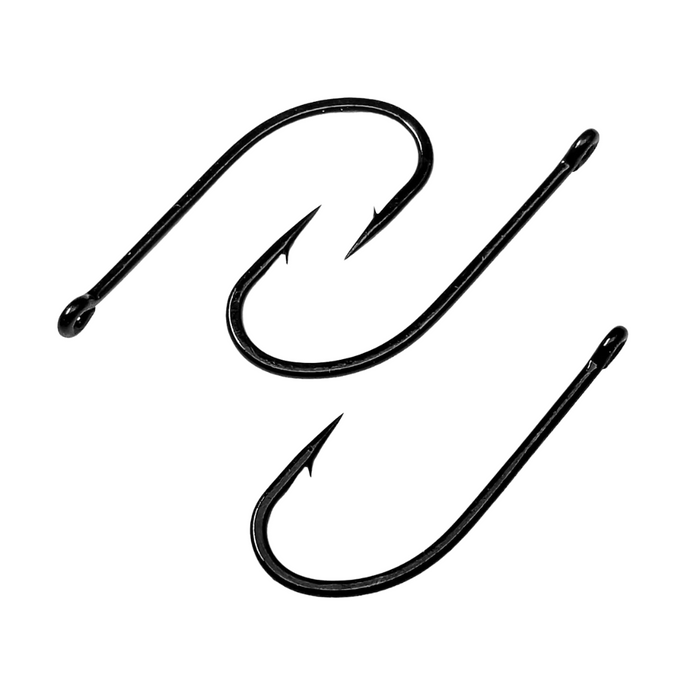 Two black fishing hooks displayed on a white background, featuring sharp barbed points and smooth eyes, identified as Gamakatsu SL45 Bonefish Hook.