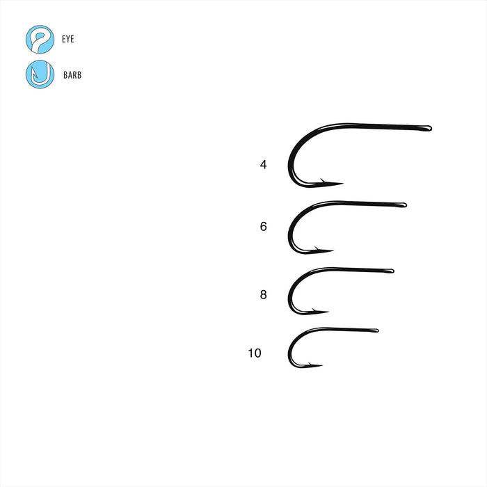 Line art illustration showing four sizes of Gamakatsu SL45 Bonefish Hook numbered 4, 6, 8, and 10, with labeled eye and barb features on a clean white background.