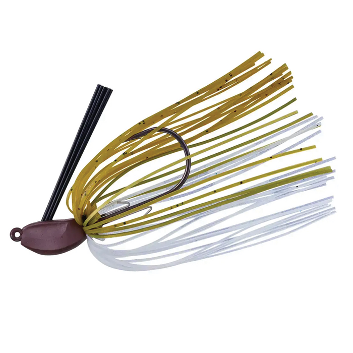 Gamakatsu Swimming Shot Neo Swim Jig featuring a weighted head, skirt with yellow and white strands, weed guard, and sharp hook designed for fishing tackle use.