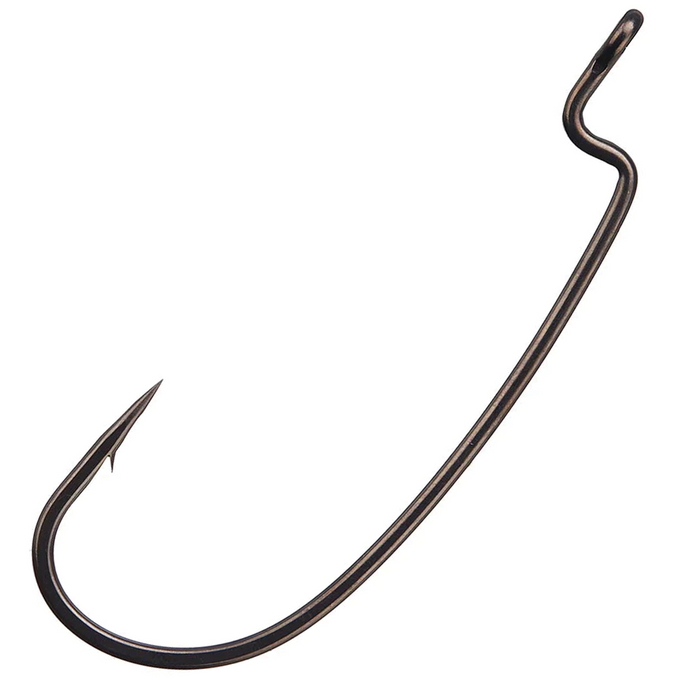 Gamakatsu Worm 34R Hooks shown as a single dark metal fishing hook with a sharp point, a barb, and a curved shank designed for secure fishing tackle use.