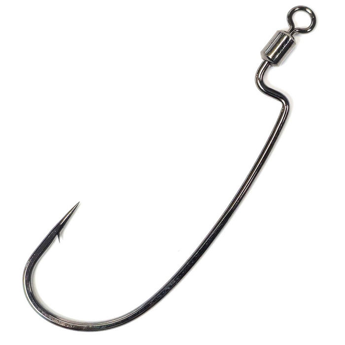Gamakatsu Worm 34R Hydroll Hook showcasing a sharp, curved metal hook with a swivel eye for secure attachment, designed for fishing tackle and lure use.