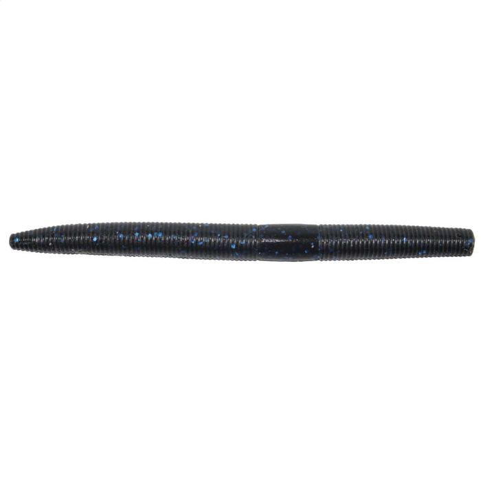 Gambler Lures 5 1/4" Fat Ace Stick Bait is a ribbed soft plastic fishing lure in black with blue glitter, designed for freshwater fishing tackle and attracting musky.