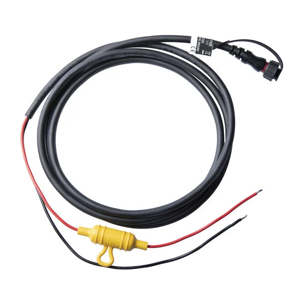 Garmin 2 Pin Power Cable 010-12797-00 with black coiled wire, red and black bare ends, and a yellow inline fuse holder for marine electronics and fishing tackle power connection.