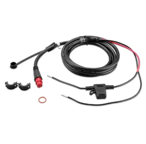 Garmin 2-pin Threaded Power Cable 010-11425-01 shown coiled with black and red wiring, connectors, and mounting clips, designed for reliable marine electronics power connection.