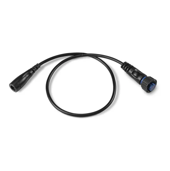 Garmin 4-pin Transducer to 8-pin Sounder Adapter Cable 010-12721-00 shown coiled, featuring black durable cable with connectors designed for marine electronics and fishing tackle integration.