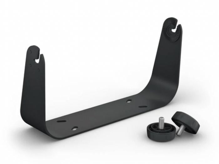 Garmin Bail Mount with Knobs 010-12798-02, a black metal mounting bracket with curved arms and two detachable round knobs with screws for secure attachment, designed for marine electronics.