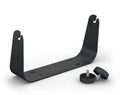 Garmin Bail Mount with Knpbs 010-12798-00 in black metal with mounting holes and two black screw knobs designed for secure attachment in marine electronics or fishing tackle setups.
