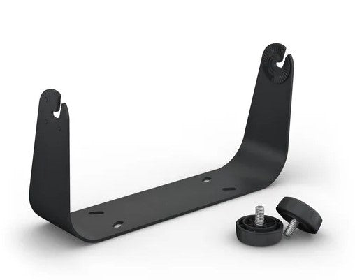 Garmin Bail Mount with Knpbs 010-12798-00 in black metal with mounting holes and two black screw knobs designed for secure attachment in marine electronics or fishing tackle setups.