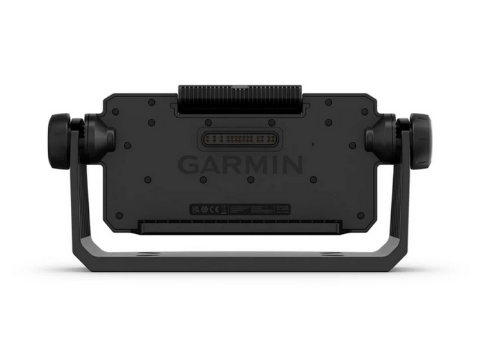 Back view of the Garmin Bail Mount With Quick Release Cradle ECHOMAP™ UHD2 9sv 010-13115-12 showing the mounting bracket and connector ports, designed for marine electronics installation.