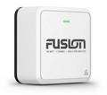 White compact electronic device with a green indicator light and Fusion logo, labeled as a 140-watt, 2-channel Apollo Zone Amplifier, representing the Garmin Fusion® Apollo™ Marine Amplifiers Zone Marine Amplifier 010-02569-00.