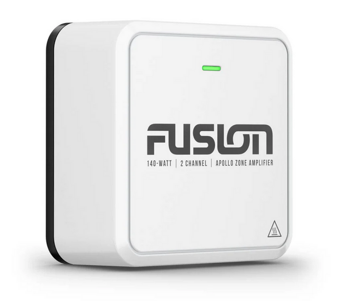 White compact electronic device with a green indicator light and Fusion logo, labeled as a 140-watt, 2-channel Apollo Zone Amplifier, representing the Garmin Fusion® Apollo™ Marine Amplifiers Zone Marine Amplifier 010-02569-00.