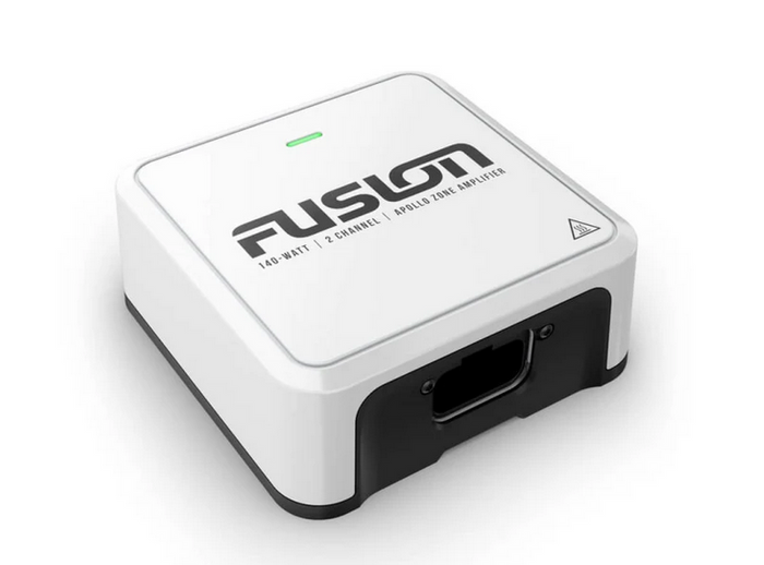Compact white and black Garmin Fusion® Apollo™ Marine Amplifiers Zone Marine Amplifier 010-02569-00 with indicator light and port, designed for marine electronics in fishing tackle setups.