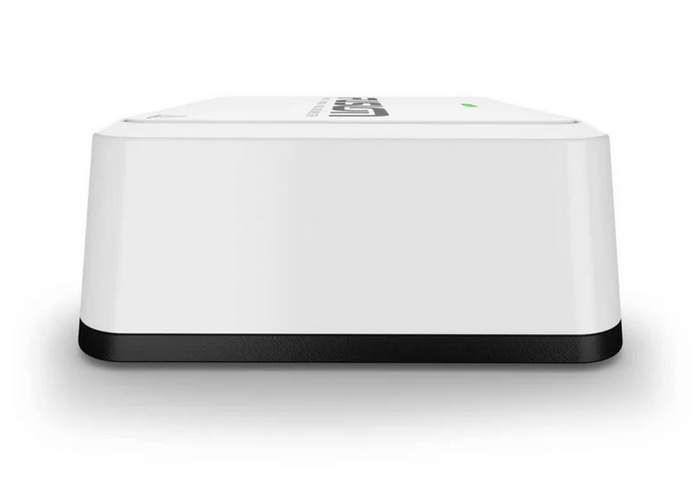 White and black rectangular electronic device with smooth edges and a small green indicator light, identified as Garmin Fusion® Apollo™ Marine Amplifiers Zone Marine Amplifier 010-02569-00.