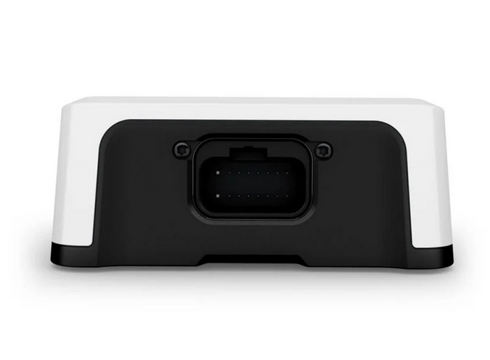 Garmin Fusion® Apollo™ Marine Amplifiers Zone Marine Amplifier 010-02569-00 showing a close-up view of the black connector port on a white and black rectangular device used in marine electronics.