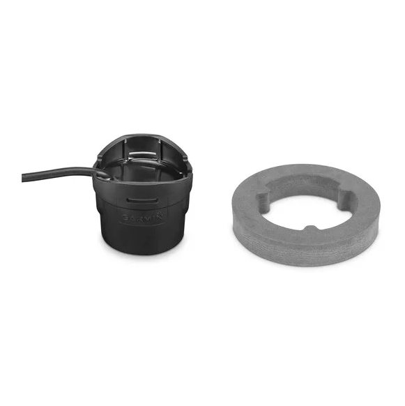 Garmin GT8HW-IH 010-12401-10 black marine transducer with attached cable and a gray mounting spacer ring, designed for boat installation and fishing electronics.