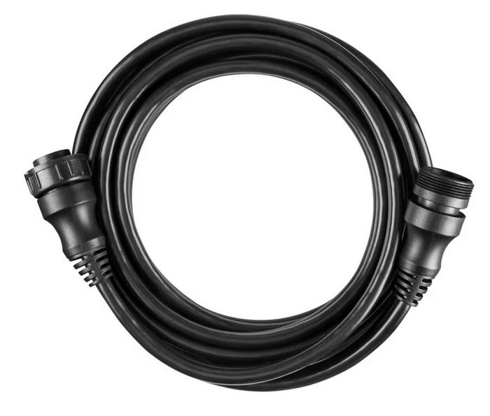 Coiled black extension cable with threaded connectors on each end designed for use with marine electronics, Garmin LiveScope™ Transducer Extension Cable 30 ft 010-13350-02.