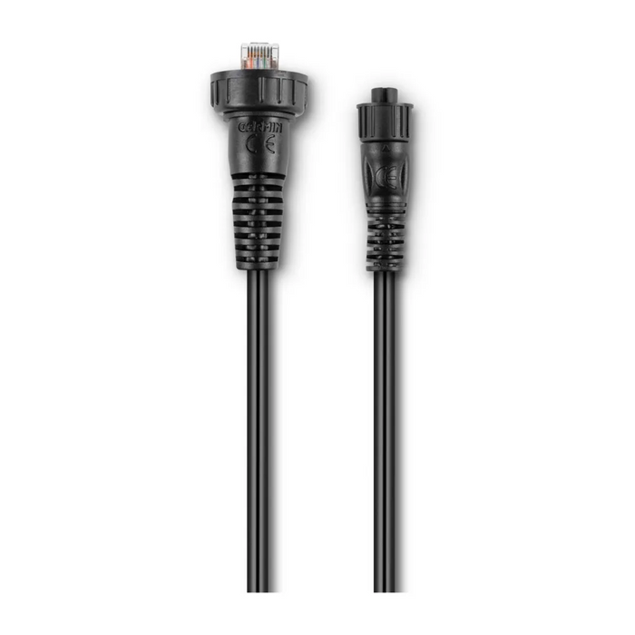 Garmin Network Adapter Cables shown with black connectors and durable black insulated wiring designed for marine electronics and fishing tackle applications.