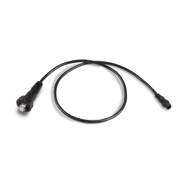 Garmin Network Adapter Cables featuring a black cable with an RJ45 connector on one end and a waterproof circular connector on the other designed for marine electronics connectivity.