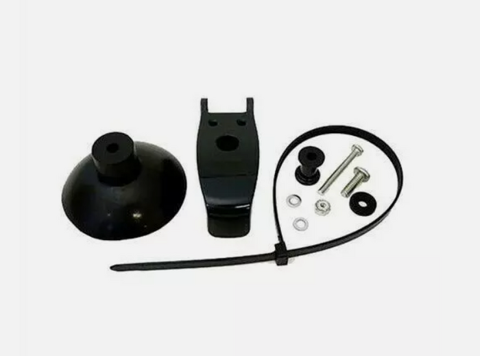 Garmin Suction Cup Adapter for Transom Mount Transducers 010-10253-00 showing black suction cup, mounting bracket, screws, washers, and a zip tie for secure installation.