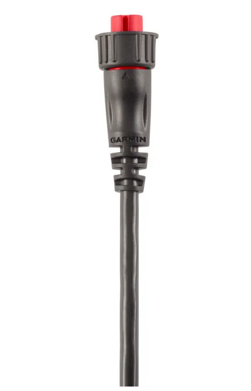 Garmin Threaded Power Cable (2-pin) 010-13115-02 showing a black connector with red locking mechanism designed for secure power connection in marine electronics and fishing tackle setups.