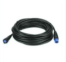 Garmin Transducer Extension Cable (8-pin) coiled black cable with blue and black connectors, designed for extending fishing marine electronics connections.