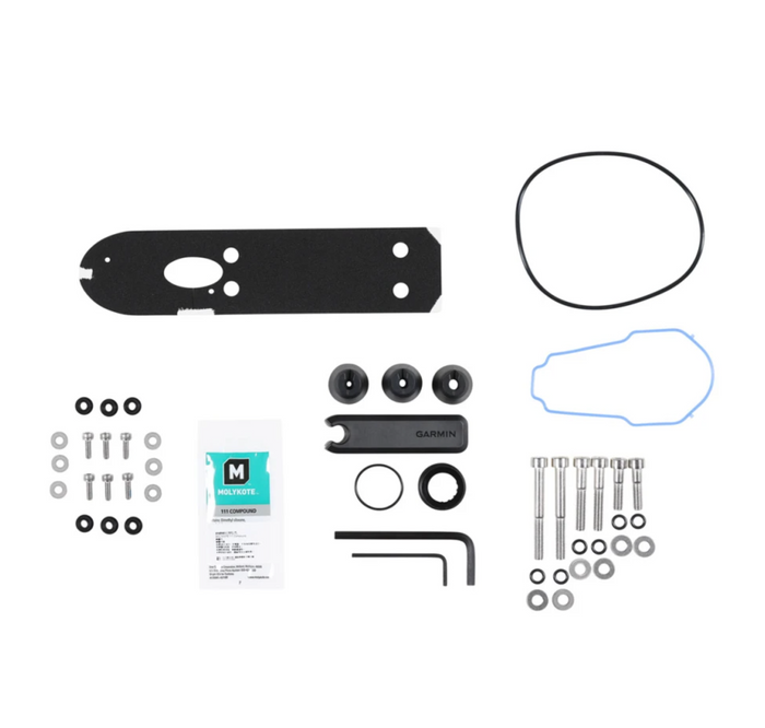 Garmin Transducer Replacement Kit For Force Kraken Trolling Motor Nose Cone Not Included with various mounting hardware, gaskets, screws, washers, and installation tools for marine electronics maintenance.