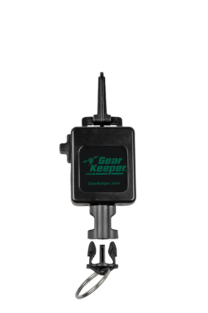 Gear Keeper Retractor in black with a clip and keyring attachment, designed for securely holding fishing tackle and tools during outdoor activities.