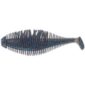 GeeCrack Bellows Gill Swimmer soft fishing lure in dark blue with blue and gold glitter, featuring ribbed sides and a paddle tail for realistic swimming action.