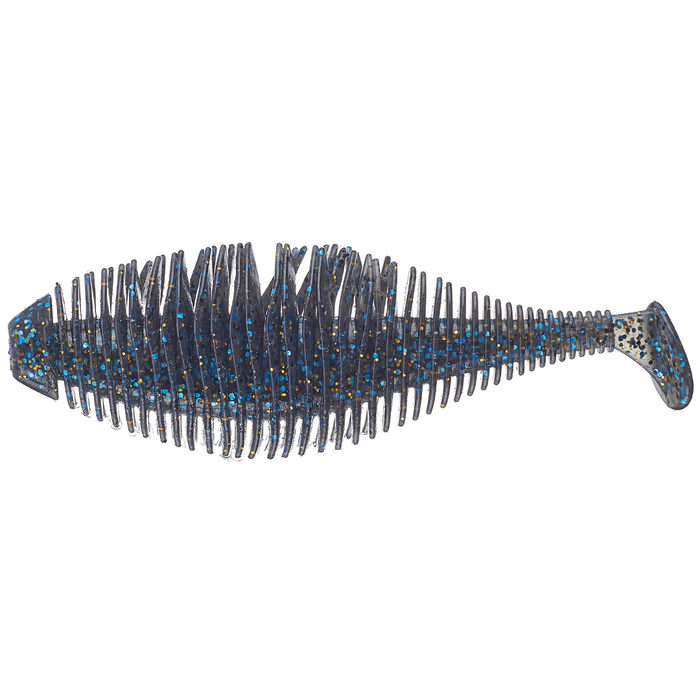 GeeCrack Bellows Gill Swimmer soft fishing lure in dark blue with blue and gold glitter, featuring ribbed sides and a paddle tail for realistic swimming action.