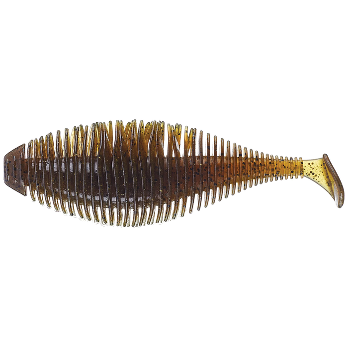 GeeCrack Bellows Gill Swimmer fishing lure in brown and amber tones with ribbed, segmented body and paddle tail, designed for effective action in fishing tackle.