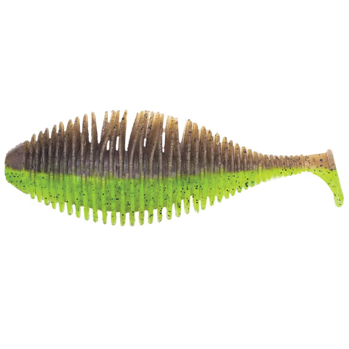 GeeCrack Bellows Gill Swimmer fishing lure with ribbed body in green and brown tones, designed for attracting musky and other freshwater fish.