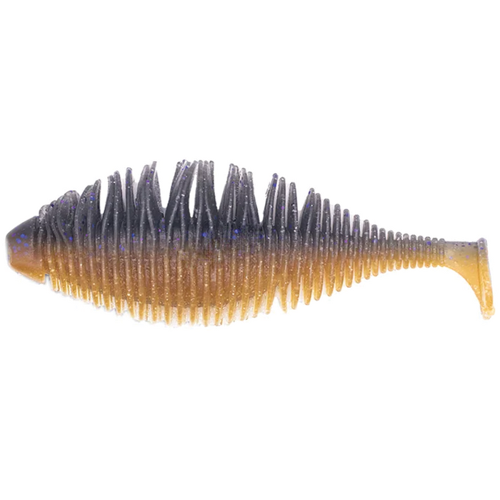 GeeCrack Bellows Gill Swimmer soft plastic fishing lure with ribbed body and paddle tail in blue and brown gradient colors designed for musky and ice fishing tackle.