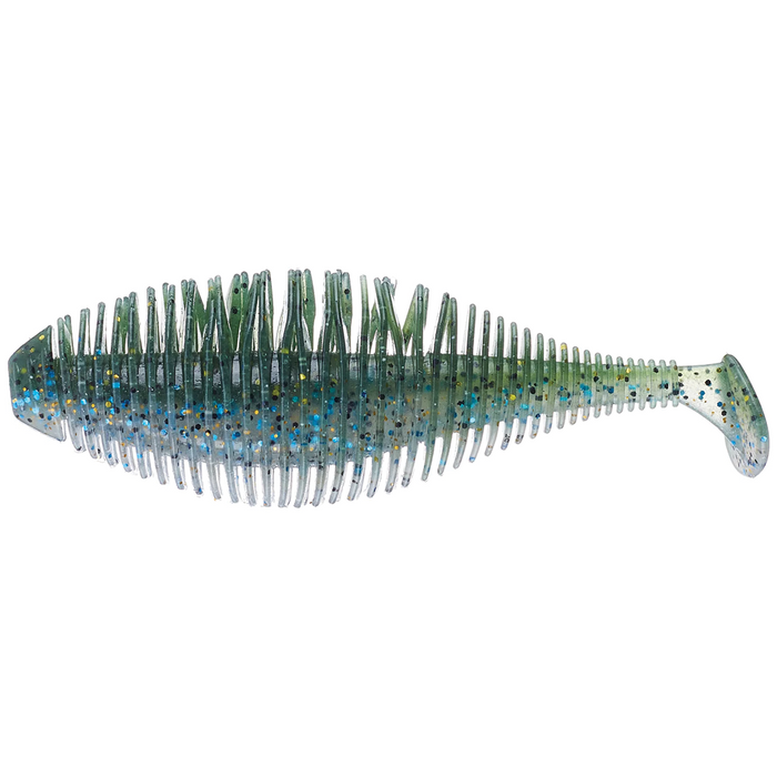 GeeCrack Bellows Gill Swimmer fishing lure in translucent green with blue and black speckles, featuring ribbed body and paddle tail for realistic swimming action.