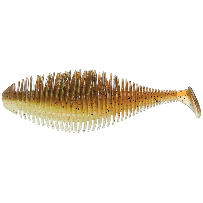 GeeCrack Bellows Gill Swimmer soft fishing lure in translucent brown and green with ribbed body and paddle tail, designed for effective musky and freshwater fishing tackle.
