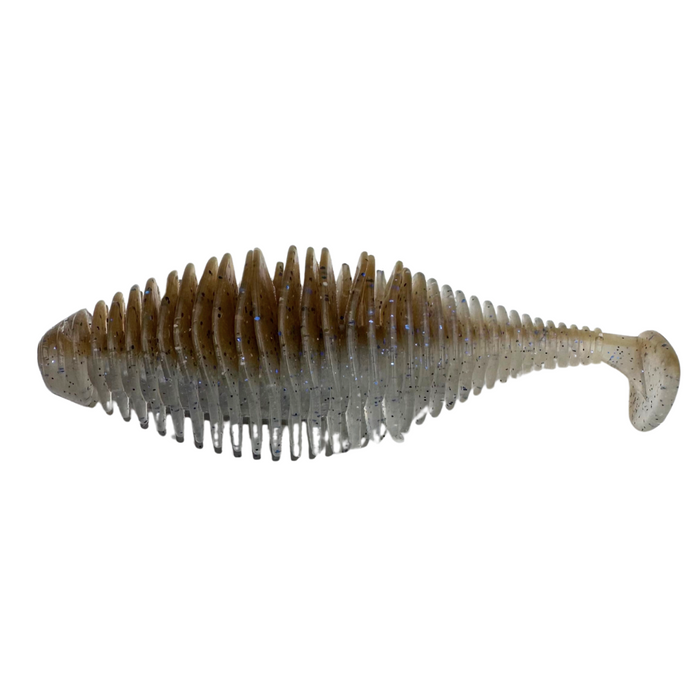 GeeCrack Bellows Gill Swimmer soft fishing lure with segmented ribbed body and paddle tail, designed for lifelike movement in water to attract musky and other fish.