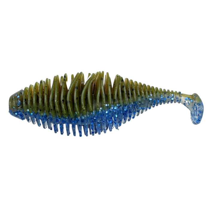 GeeCrack Bellows Gill Swimmer fishing lure with ribbed body, green and blue translucent colors, and a paddle tail designed for attracting fish in freshwater fishing tackle.