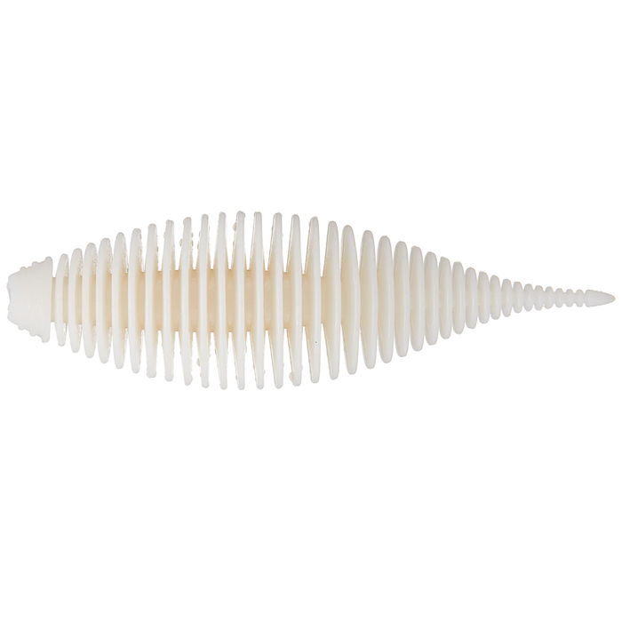 GeeCrack Bellows Shad (Floating Elastomer) fishing lure in translucent white with ribbed, segmented body designed for realistic movement in water, ideal for fishing tackle.