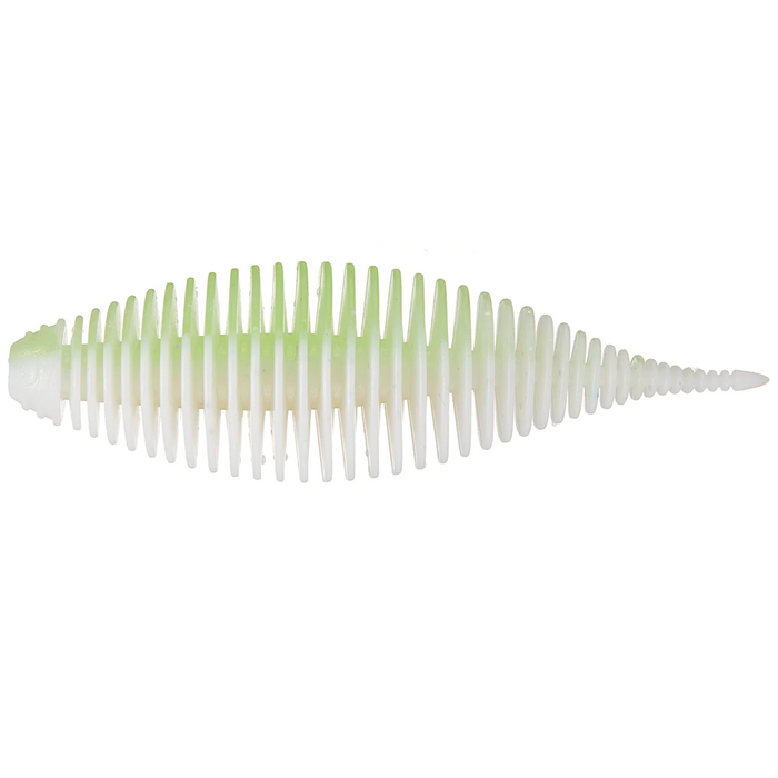 GeeCrack Bellows Shad (Floating Elastomer) fishing lure in translucent white with green accents, ribbed body design for lifelike movement in water.