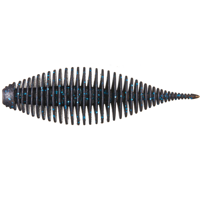 GeeCrack Bellows Shad (Floating Elastomer) fishing lure in black with blue speckles featuring a ribbed, segmented body designed for realistic movement in freshwater fishing tackle.