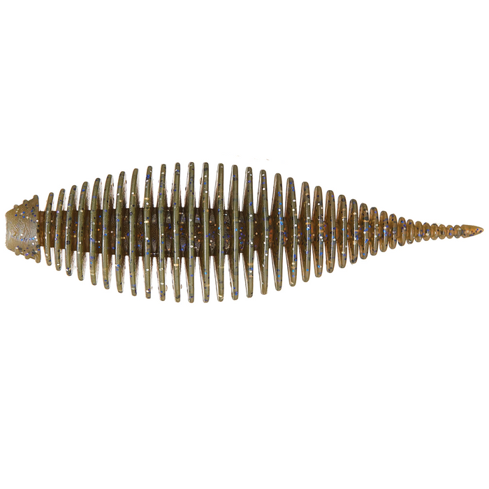 GeeCrack Bellows Shad (Floating Elastomer) fishing lure in olive green with blue and orange flecks, featuring segmented ribbed body designed for lifelike movement in water.