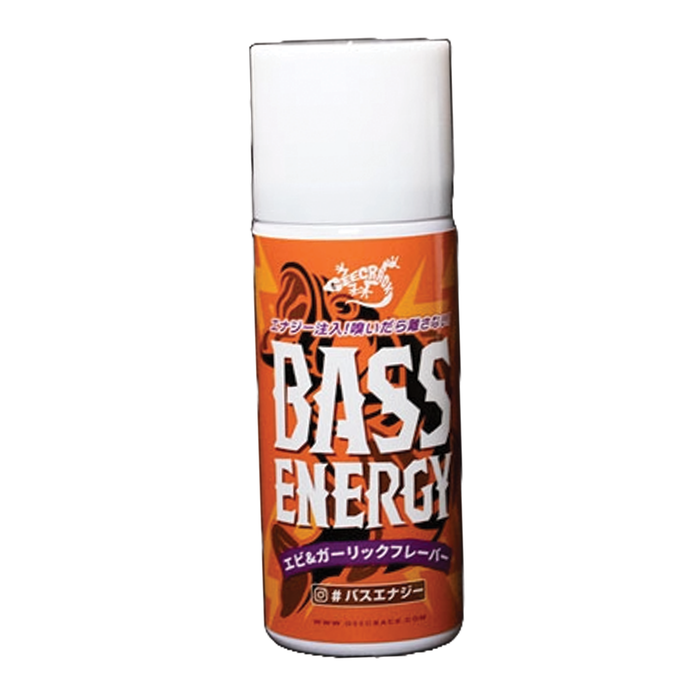 Small spray can with white cap and orange label featuring bold white text "BASS ENERGY" and Japanese characters, containing GeeCrack Big Bass Energy Spray 50ml used for fishing tackle.