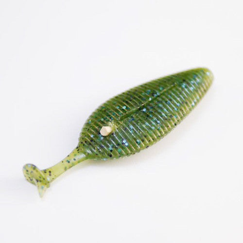 GeeCrack Bubble Nail, a green ribbed soft fishing lure with small black specks and a paddle tail, designed for effective fishing tackle use.