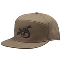 GeeCrack Lizard Logo Hat in brown fabric with a structured crown and flat brim, featuring a black embroidered lizard design and logo on the front panel.