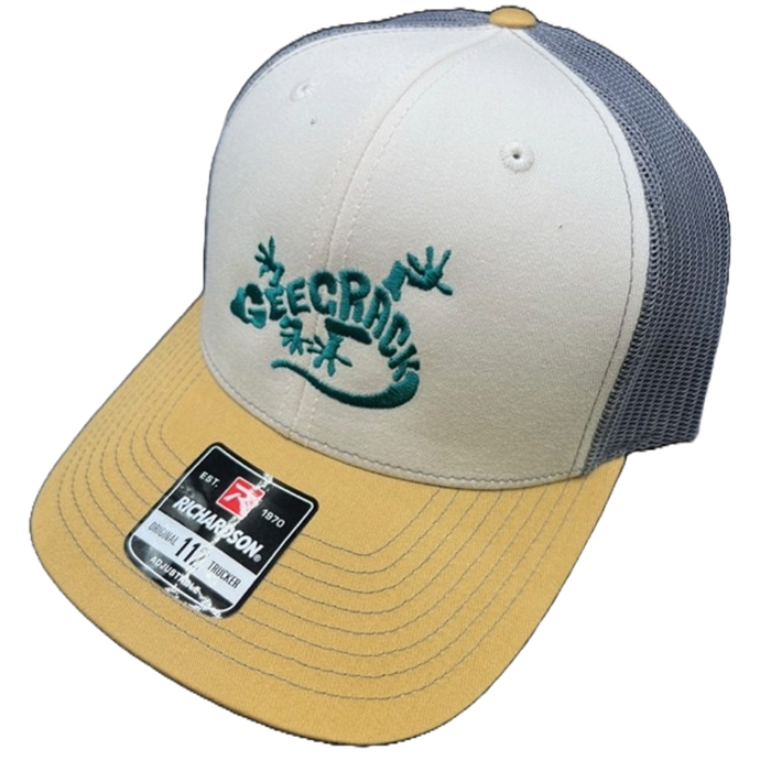 GeeCrack Richardson 112 Logo Hat featuring a yellow curved brim, white front panel with green embroidered logo, and gray mesh back with adjustable snap closure.