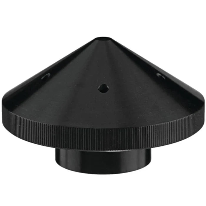 Black conical fishing tackle accessory with a smooth finish, featuring a centrally located hole and textured grip edge, designed for use with fishing equipment, GFEL-LG-BK-DP.