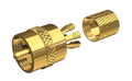 Gold-Plated Center-Pin Connector, RG-8X or RG-58/AU Coax PL-259, showing detailed view of gold-plated metal with knurled grip and internal pin components for fishing electronics and marine applications.