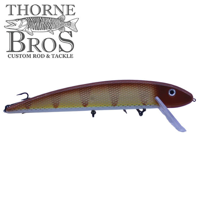 Grandma Lures 13" Crankbait fishing lure with a brown and yellow scale pattern, treble hooks, and a clear diving lip, designed for freshwater fishing tackle.