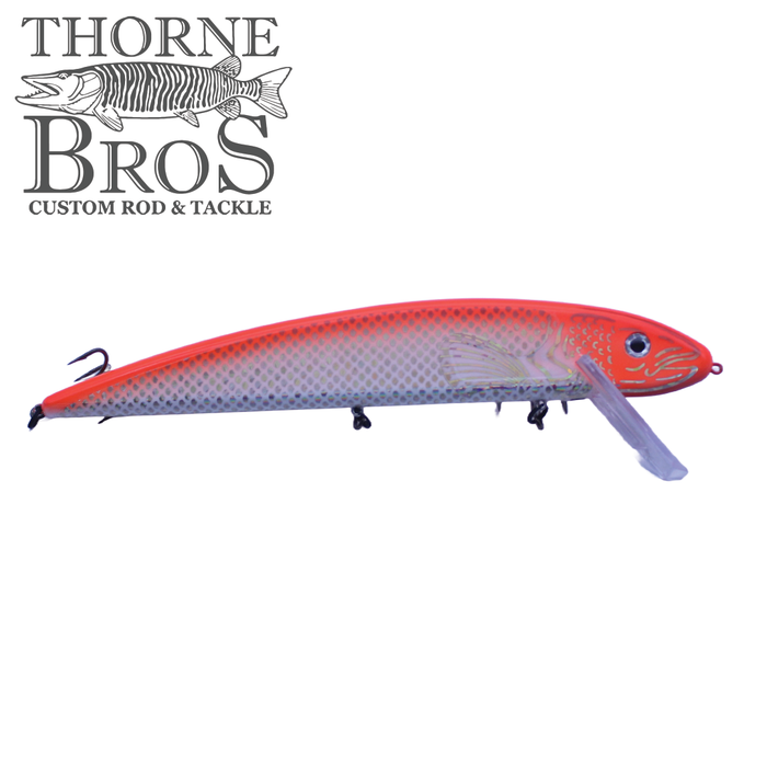 Grandma Lures 13" Crankbait fishing lure with a bright red head, silver body with scale pattern, clear diving lip, and multiple treble hooks designed for musky fishing.