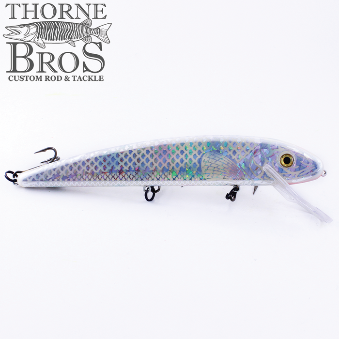 Grandma Lures 13" Crankbait in a mother-of-pearl color with detailed scale pattern, realistic eyes, and multiple treble hooks designed for fishing tackle use.